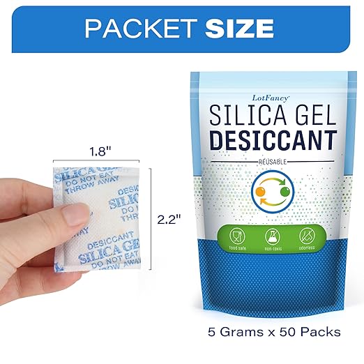 LotFancy 5 Gram (50 Pack) Silica Gel Packets, Color Indicating Desiccant - Rechargeable Moisture Absorbers for Food Storage, Electronics, 3D Filament & Gun Safes