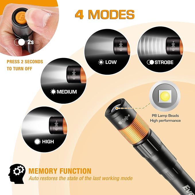 EverBrite Rechargeable Pen Light, 300 Lumens EDC Flashlight, Zoomable LED Pocket Flashlight with Clip, Memory Function and USB C Cable Included, for Camping, Emergency, Charcoal Black