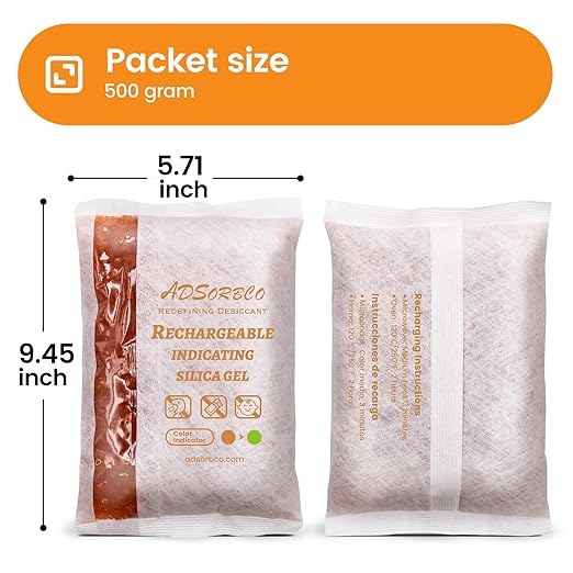 Adsorbco Rechargeable Desiccant, Indicating Silica Gel Packets, Moisture Absorbers for Storage, Gun Safe Dehumidifiers (10, 500g)
