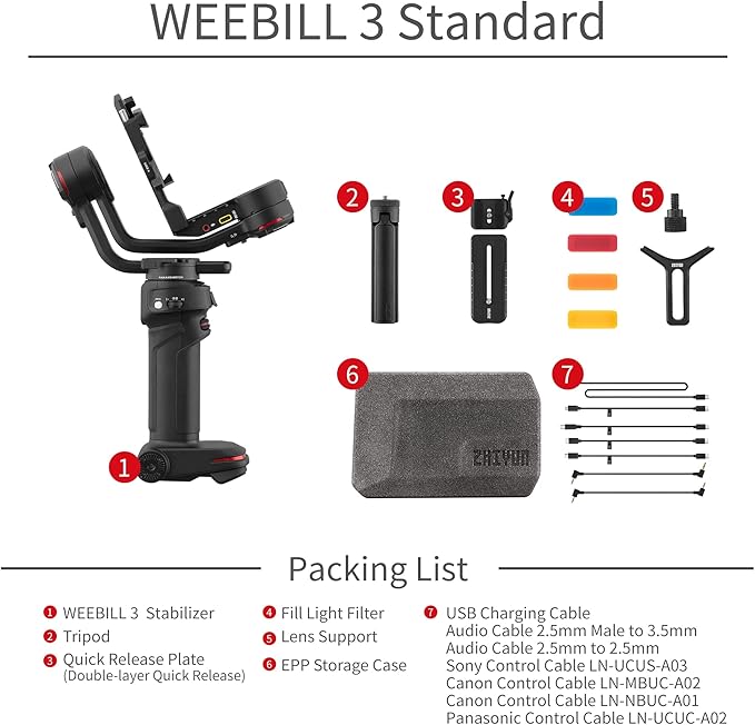 ZHIYUN Weebill 3 [Official] 3-Axis Camera Gimbal Stabilizer for DSLR and Mirrorless Camera, Nikon Sony Panasonic Canon Fujifilm BMPCC 6K, Fill Light & Mic Integration, PD Fast Charge