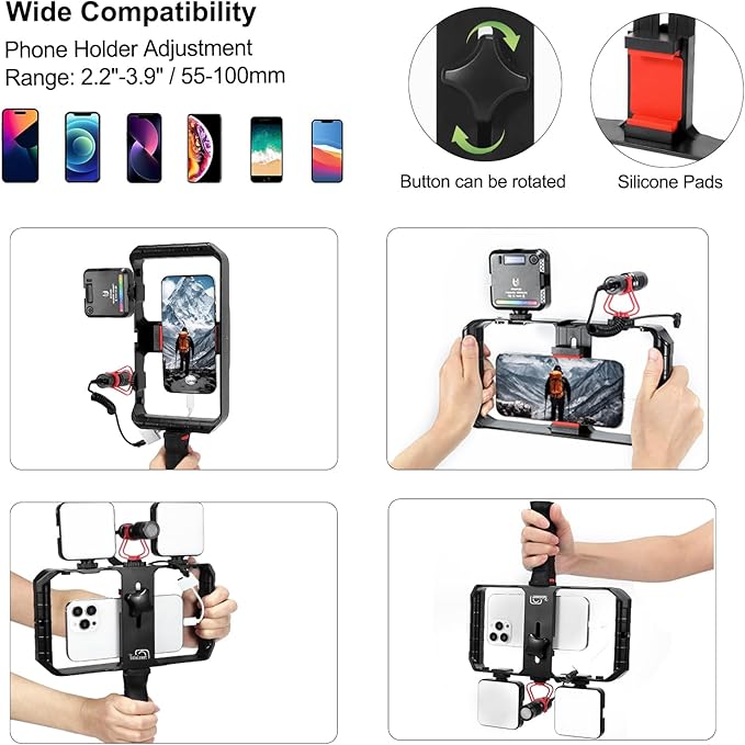 Taisioner Smartphone Video Rig Hand Girp Stabilizer Filmmaking Vlogging Case Phone Video Stabilizer with Cold Shoe for Film Maker Video Grapher Compatible with iPhone 15/14/13/12/ Pro Max and Android