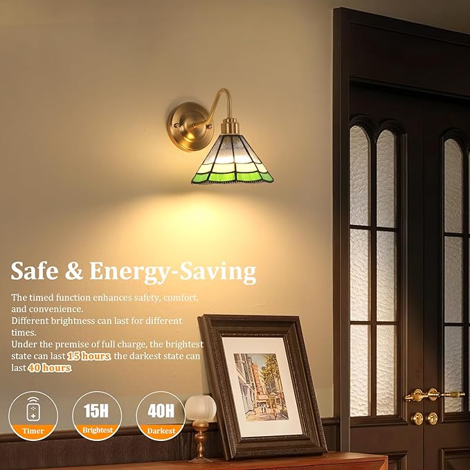 Vintage Battery Operated Wall Sconce Set of 2 with Remote, RGB LED Wall Lamp 12 Colors Dimmable, Brass Lights Fixture for Bedroom Living Room Hallway Green Multilayer Petal