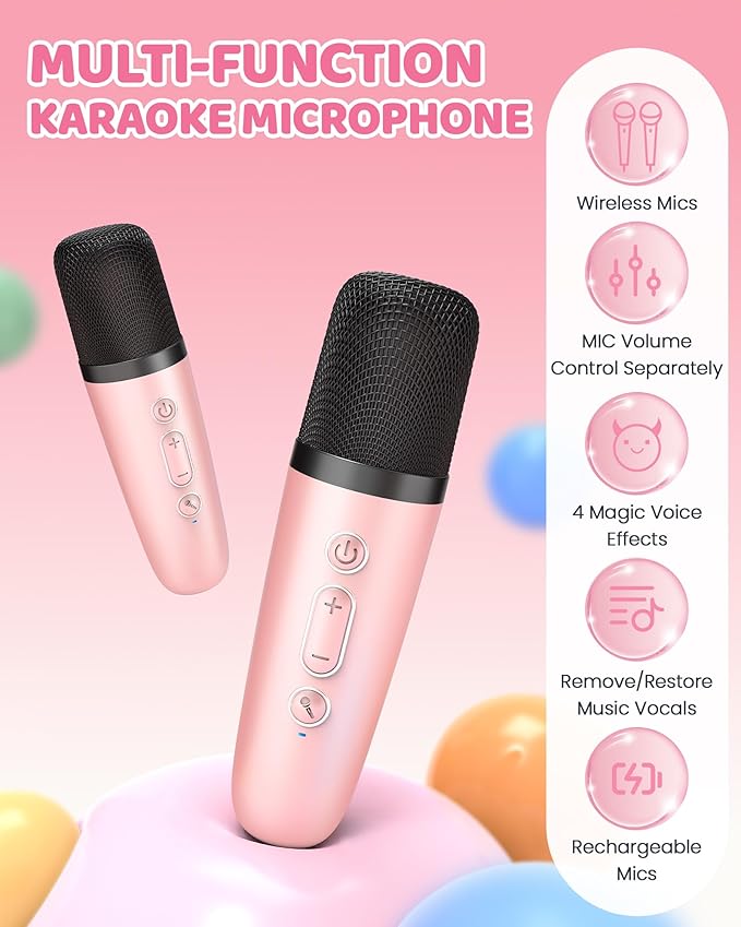 Upgraded Mini Karaoke Machine with 3 Wireless Microphones Toy for Kids, 2026 Top Birthday Gifts for Girls Boys, Portable MP3 Player for Ages 3, 4, 5, 6, 7, 8, 9, 10, 11, 12+ Year Old Party (P-Ink)