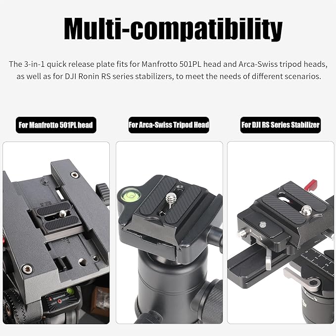 FocusFoto 3-in-1 Upper Quick Release Base plate for DJI Ronin RS2 RSC2 RS 3 Mini RS3 Pro RS 4 Pro Gimbal Stabilizer, for Manfrotto 501PL Head Quick Release Plate, for Arca Swiss Camera Tripod Ballhead