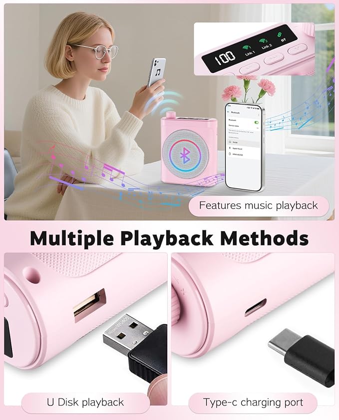 Tearstone Voice Amplifier for Teachers with Wireless Magnetic Lavalier Microphone, Bluetooth Portable Rechargeable Speaker, 2 Mics for Classroom, Meetings, Speeches, Outdoor (Pink)