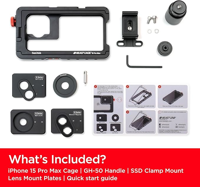BEASTGRIP x SanDisk Beastcage iPhone 15 Pro Max Creator Kit - Includes iPhone 15 Pro Max Cage, Handle, and SSD Mount - Video Rig for Filming - SD3WLCC005-000T-WW