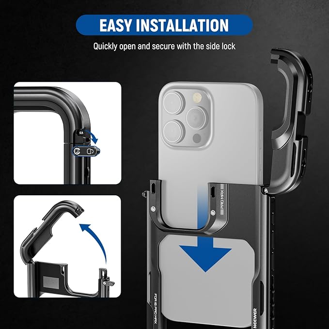 NEEWER PA074 16 Pro Max Cage, Video Rig Phone Stabilizer Compatible with iPhone 16 Pro Max with 67mm Filter Adapter, 17mm Lens Backplate, T Mount Lens Adapter, 67mm Black Diffusion 1/4 Filter Included