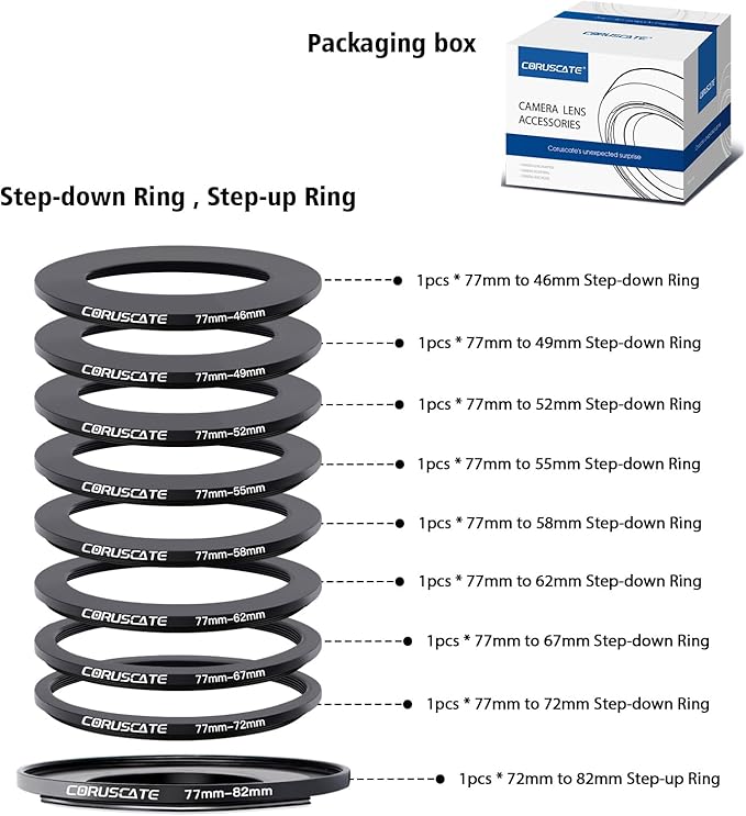 9Pcs 77mm Filter Ring Adapter Set,Filter Metal Stepping Rings for All Brands UV ND CPL 77-46mm,77-49mm,77-52mm,77-55mm,77-58mm,77-62mm,77-67mm,77-72mm,77-82mm