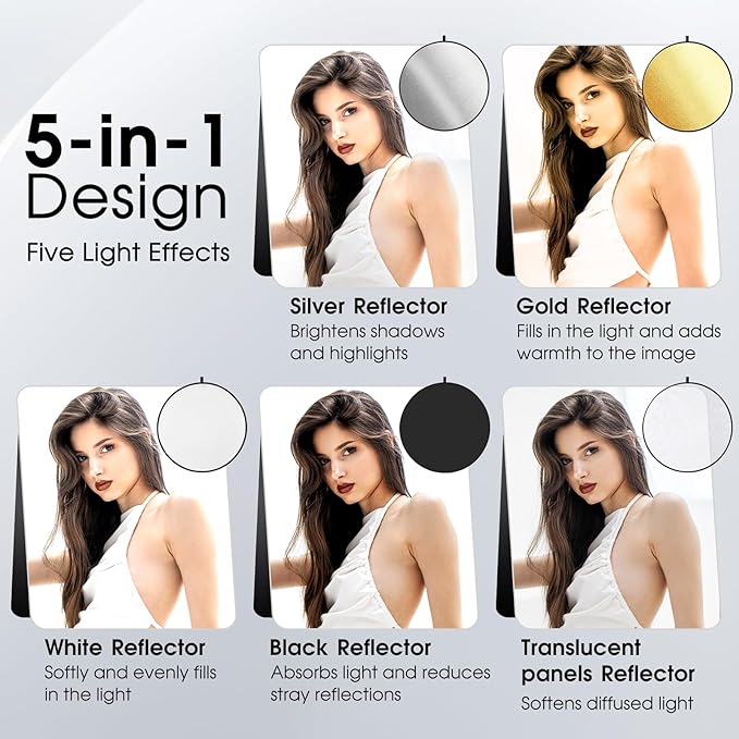 Kalofaye 5-in-1 Light Reflector 32 Inch/80 cm Photography Diffuser Collapsible Portable with Bag，Gold Silver White Black Translucent for Studio and Outdoor Lighting (32'' (80cm))