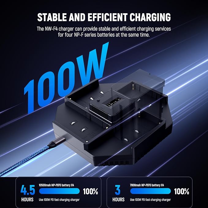 Neewer NP-F970 4 Channel Charger for NP-F550 NP-F750 Camcorder Camera Battery, 100W PD Fast Charging NPF Battery Charger with OLED Display & 100W USB C to USB C Fast Charging Cable, NW-F4
