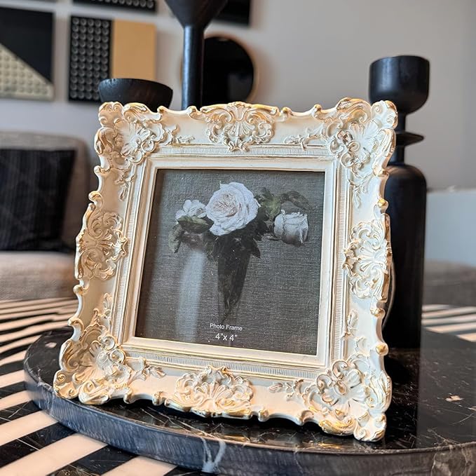 CISOO 4x4 Vintage Small Picture Frame, Antique Ornate White with Gold Square Photo Frame, for Table Top and Wall Display, Decorative Floral Design Retro Home Decor, Photo Gallery Art