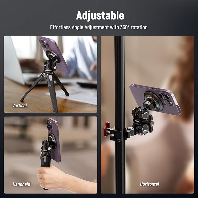 NEEWER Magnetic Phone Tripod Mount Adapter with 1/4" Holes Compatible with iPhone MagSafe Selfie Stick for 15 Pro Max 15 Plus 14 13 12 Pro Max Mini, Phone Holder for Ring Light Video Recording, PA010