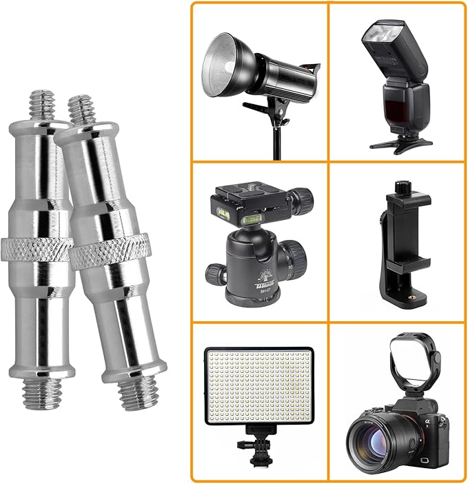 2 Pcs Light Stand Adapter, Spigot Stud 1/4" to 3/8" Metal Male Convertor Threaded Screw Adapter for Studio Light Stand, Camera Tripod Mount, Hotshoe/Coldshoe, Ballhead Frgyee