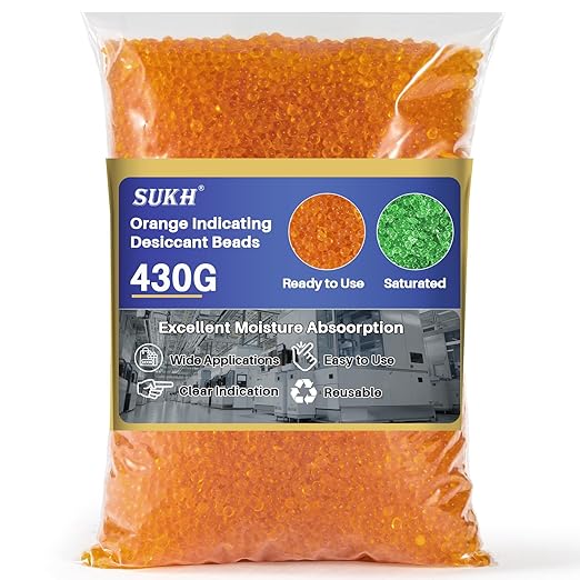 Sukh Orange Silica Desiccant Beads 430G - Indicating Silica Gel Beads Drying Silicone Reusable Desiccant Dehumidifier for Camera,Electronic,Books,Documents,Clothes,Painting,Jewelry
