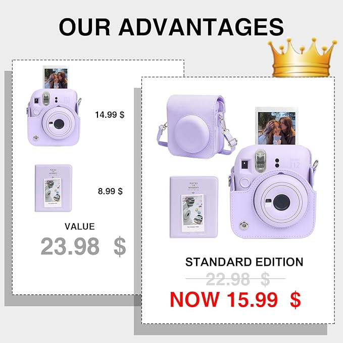 CAIYOULE Camera Case for Fujifilm Instax Mini 12 Instant Film Camera, PU Leather Protective Camera Crossbody Bag for Fuji Mini 12 with Photo Album, Adjustable Shoulder Strap, Lilac Purple-No Camera