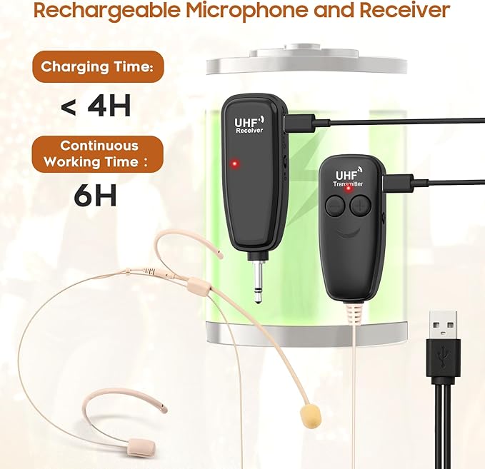 Wireless Headset Microphone, UHF Skin Tone Head Mic Speaker System, Beige Professional Voice Amplifier Microphones, with 164ft Range, Ideal for Teachers Tour Guides Fitness Coaches Conferences
