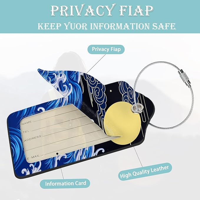Japanese Sea Wave Moon Luggage Tag, Luggage Tags of Set 2 Leather Identifiers Privacy Cover with Stainless Steel Loop for Women Men Travel Bag Suitcase