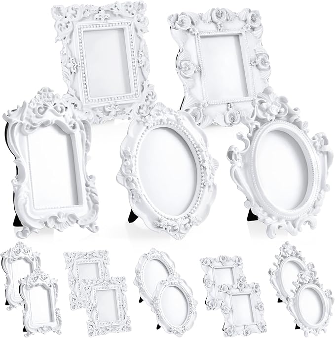 Maitys 15 Pcs Mini Picture Vintage Frames with Stands Tiny Antique Photo Baroque Ornate Resin Oval Frame Table Top Display Home Wedding Decor (White)