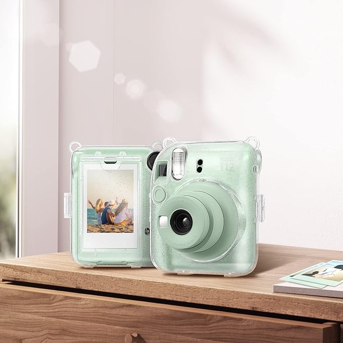 Fintie Protective Clear Case for Fujifilm Instax Mini 12 Instant Camera - Crystal Hard Shell Cover with Upgraded Film Pocket for Storing Photos & Removable Shoulder Strap