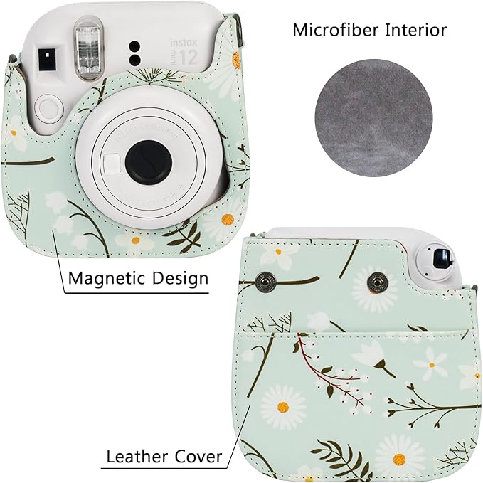 Frankmate Protective Case Fit for Fujifilm Instax Mini 12 11 9 8 Camera, PU Leather Camera Bag with Pocket and Adjustable Shoulder Strap (Chrysanthemum)