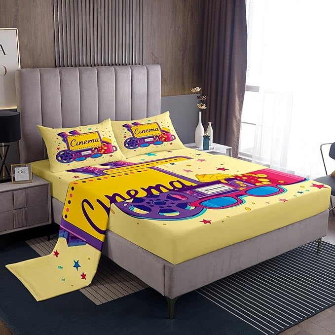 Erosebridal Movie Themed Bed Sheets Set for Boys Girls Family Movie Theater Decor Sheet Set Twin Size Film Lover Modern Sheets Home Theater Decor Fitted Flat Sheet 3 Pcs