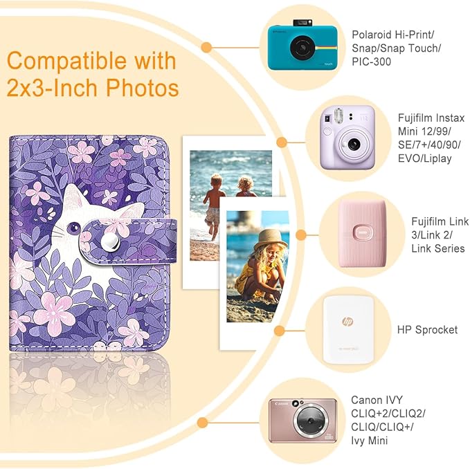 Lebrocoli Purple Cat Small Photos Album for 2x3 Inch Films, 56 Pockets Mini Cute Albums Book for Polaroid Fujifilm Instax Mini Instant Camera Printer, Kpop Photocard Pictures Binders Holders Storage