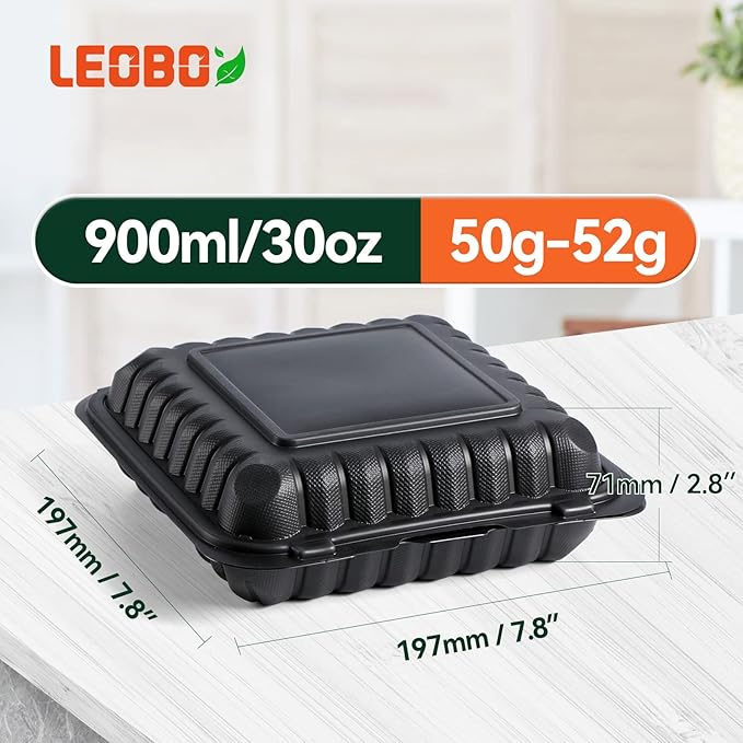 LEOBOX Takeout Container Mineral Filled PP Plastic - 7.8 Inch 30oz 65 Pack BPA Free 3 Compartments Shrink Wrap Bento Box | Freezer & Microwave Safe for Picnic | Black Reusable & Disposable Containers