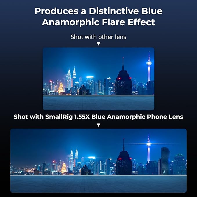 SmallRig 1.55XT Anamorphic Lens for Phone, 2.76:1 Widescreen Cinematic Blue Flare Lens for T-mount Phone Cage, Anamorphic Lens with Lens Clip for iPhone 15 14 13 12, for Samsung S22 S21 Series - 3578B