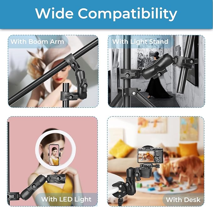 Sequpr Super Clamp Double Camera Clamp Mount with Non-Slip Head, Magic Arm Double Ball Head Adapter for Photography Light Stand, Umbrella, Selfie Stick, Reflector, Desktop, Cross Bars