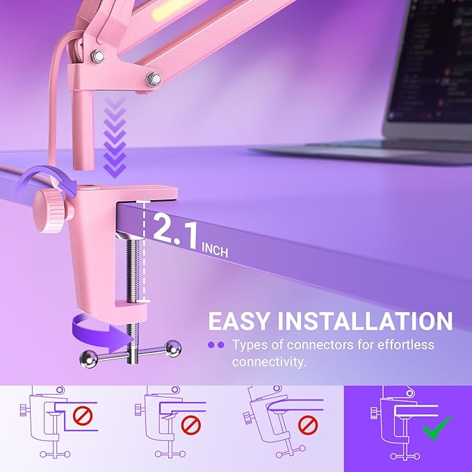 FIFINE Microphone Boom Arm, Metal Adjustable Mic Arm Stand with RGB Button, 3/8” to 5/8” Screw Adapter, Desk Mount Clamp, Suspension Scissor Mic Stand for Gaming Streaming Podcast-AmpliGame BM38P