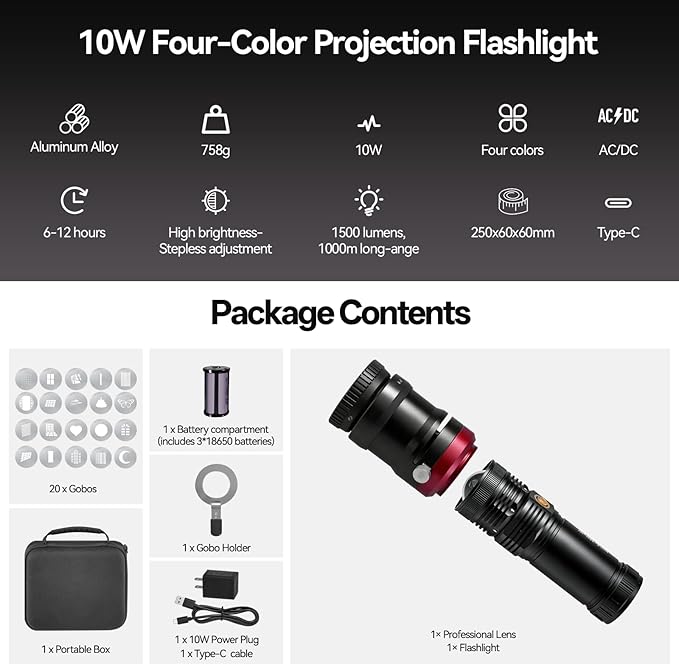 WELLMAKING 10W Four-color Projection Photography Flashlight, Professional Imaging Lens,Stepless Zoom, Zoomable Beam,7800mAh, with 20 gobos for Photo,Content Creation Video Recording Accessorie,YouTube