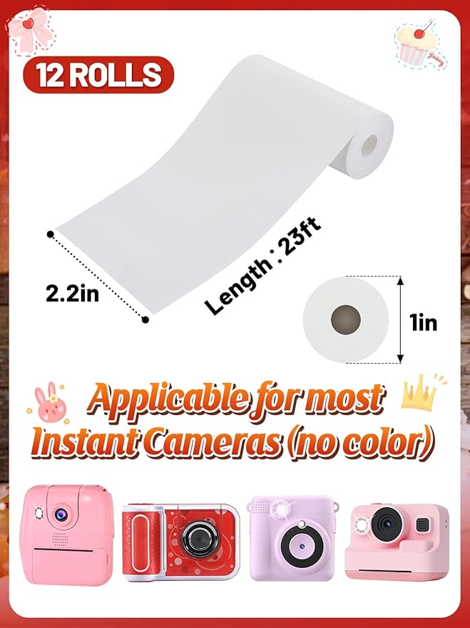 12 Rolls Kids Camera Paper Roll Refill - Easy to Install & HD Instant Print Thermal Paper for Most Cameras, Support Drawing on Papers & Print 50 Photos Per Roll, Birthday Holiday Gifts for Kid