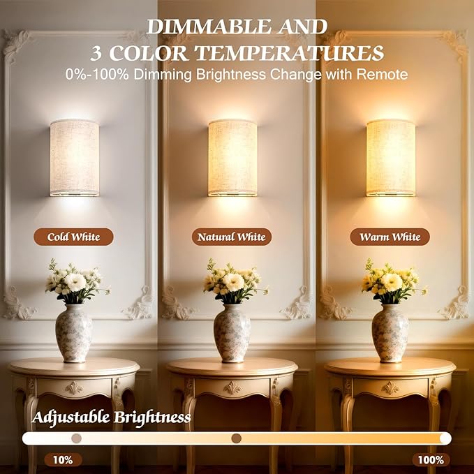 OCATO Battery Operated Wall Sconce: Wireless Wall Sconces Set of Two Magnetic Lamp Rechargeable Lights Dimmable with 16 RGB Colors Fabric Linen Shade with Remote Walls Decor for Bedroom Living Room