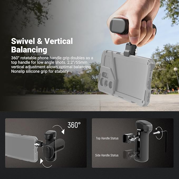 NEEWER Quick Release Side Handle with Anti Off Cold Shoe, 360° Rotation, Silicone Nonslip Grip, Compatible with iPhone 16 Pro Max S25 Ultra Phone Cage Accessories, PA148