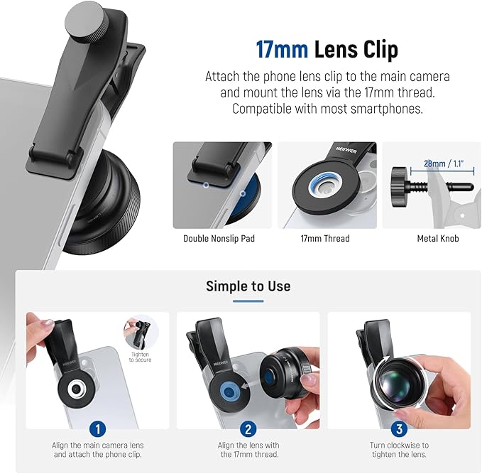 NEEWER 75mm Macro Phone Camera Lens with 17mm Threaded Lens Clip, 3X Magnification, 5 Elements in 5 Groups for Backplate, Phone Cage, Case Compatible with iPhone Samsung Android, LS-73