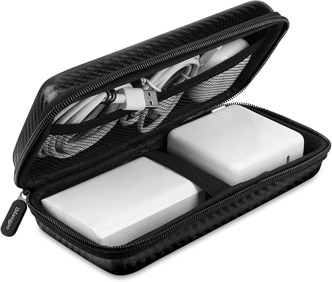 iMangoo Travel Essentials Electronics Organizer Charger Case Portable Dual Zipper Shockproof Pouch Tech Purse Cord Cable Pouches Power Bank Storage Accessories Bag for Women Men,8.5x4.5x2 Fiber Black