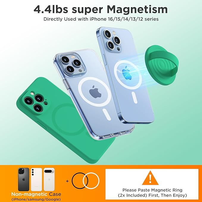 Upgraded Magnetic Phone Grip, Liquid Silicone Soft and Portable, Removable Finger Loop Ring Grip Holder for iPhone, Strong Magnetic Attraction, Compatible with MagSafe Phone Case, Emerald Green