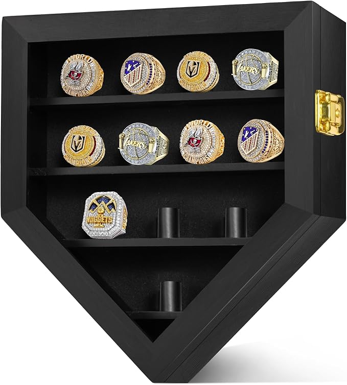 Championship Ring Display Case 12 Ring Posts, Sports Ring Wooden Shadow Box with HD Grass Door 98% UV Protection, Wall Mount Rings Holder for Baseball Basketball Award Rings Champion Souvenirs