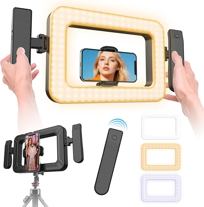 Handheld Smartphone LED Ring Light Video Rig with 20m Bluetooth Remote Handle, Ergonomic Stabilizer, 2900K-7000K Adjustable, Fast-Charge, 1/4” Mount for Selfies, Makeup, Live Streaming, Vlogging
