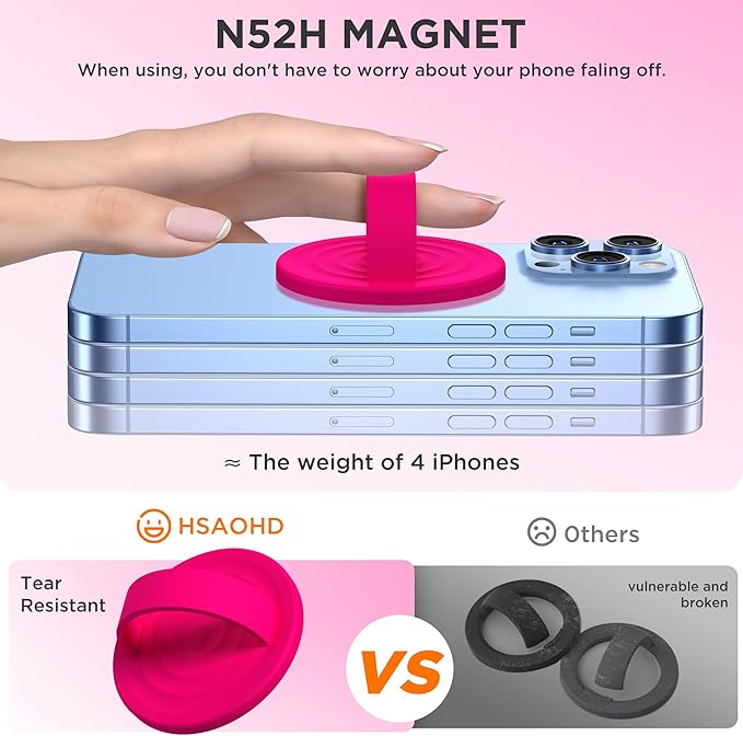 Upgraded Magnetic Phone Grip, Liquid Silicone Soft and Portable, Removable Finger Loop Ring Grip Holder for iPhone, Strong Magnetic Attraction, Compatible with MagSafe Phone Case, Neon Pink