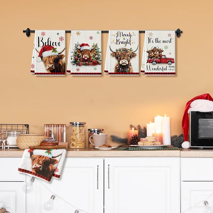 Preboun 6 Pcs Christmas Kitchen Towels Highland Cow Decorative Hand Towels Red Black Plaid Hello Winter Merry Christmas Dish Cloth Farmhouse Tea Cloth Kitchen Accessories Bathroom Decor
