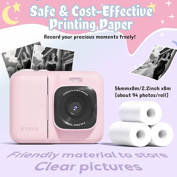 ETIKEZ Kids Camera, 1080P Instant Digital Print Camera for Kids, Christmas Birthday Gifts for 4 5 6 7 8 9 10 Year Old Girls Boys, Portable Toy with 32GB SD Card & 3 Rolls Printing Paper, Rose