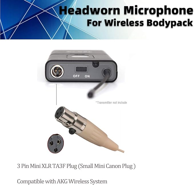 Headset Headworn Microphone - 3 Pin Mini XLR Head Microphone for AKG Samson Wireless System & Bodypack Transmitter – Beige Single Earhook Omnidirectional Headset Head Mic