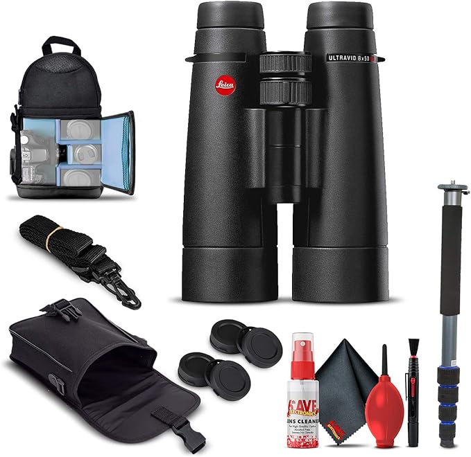 Leica 8x50 Ultravid HD-Plus Binoculars (40095) + Backpack + Full Size Monopod + Cleaning Set + 2 x Cap Keeper + Neck Strap