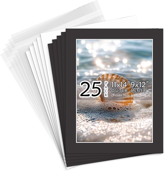 Golden State Art, Acid Free, Pack of 25 11x14 Black Picture Mats Mattes with White Core Bevel Cut for 9x12 Photo + Backing + Bags