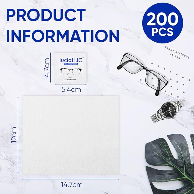 LucidHJC lens wipes for eyeglasses/camera lenses ,and screens of cellphones/ laptops /computers .Cleaning spots or dirts. Wrapped individually paper wipes, Count 200