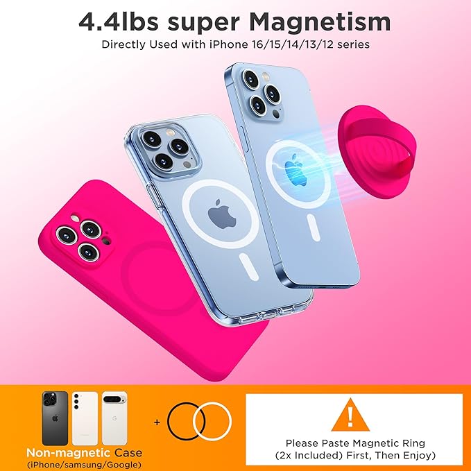 Upgraded Magnetic Phone Grip, Liquid Silicone Soft and Portable, Removable Finger Loop Ring Grip Holder for iPhone, Strong Magnetic Attraction, Compatible with MagSafe Phone Case, Neon Pink