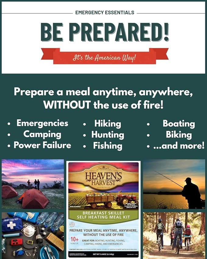 Heaven's Harvest Self-Heating Emergency Meal Kit (10 Year Shelf Life) — Tastier than MRE Meals & Ready-To-Eat in Minutes! Just add water to activate the “cooking” process. (Breakfast Skillet, 12-Pack)