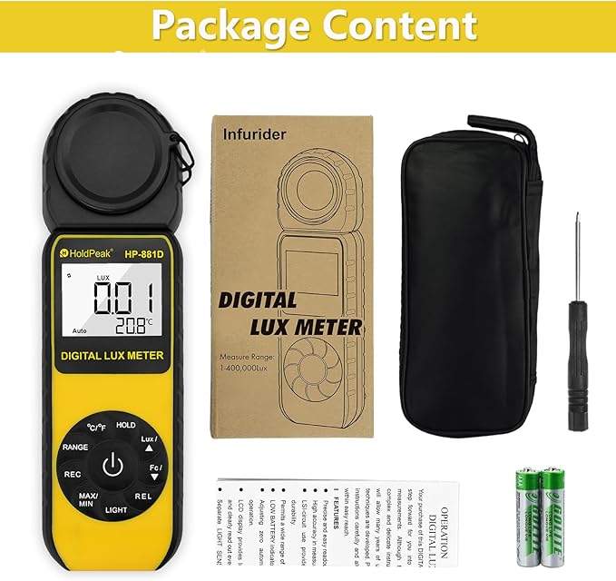 HOLDPEAK 881D Illuminance Light Meter, Digital Lux Foot Candles Meter 0.1~400,000 Lux (0.1~40,000 FC) with 270º Rotatable Detector, Par Meter Luxmeter for Plants LED Lights Indoor Outdoor Light Tester