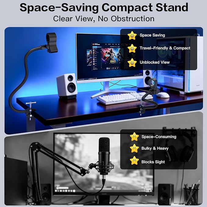 ZealSound Gooseneck Microphone Stand with Clamp, Flexible 19'' Boom Arm Mic Mount for Desk & Pipes, Compatible with Blue Yeti, Snowball, Razer, Pyle, Podcasting & Streaming